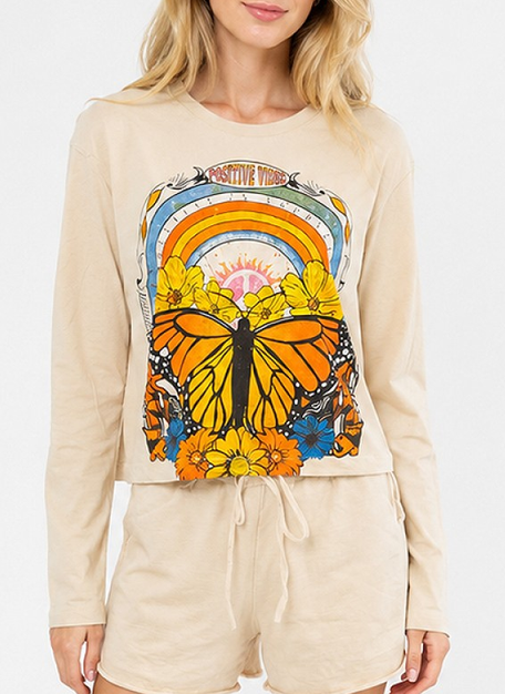 Women's Cotton Long-Sleeve Butterfly Sun Print Crop Top