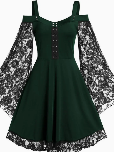 Women's Off-Shoulder Dark Green Vintage Lace Bell Sleeve Dress