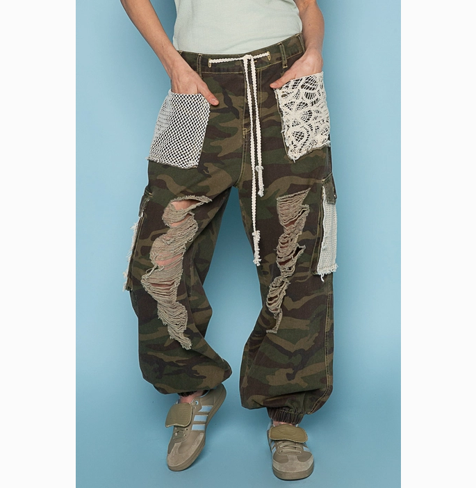 Vintage Wash Crochet Patches Distress Jogger Pants
