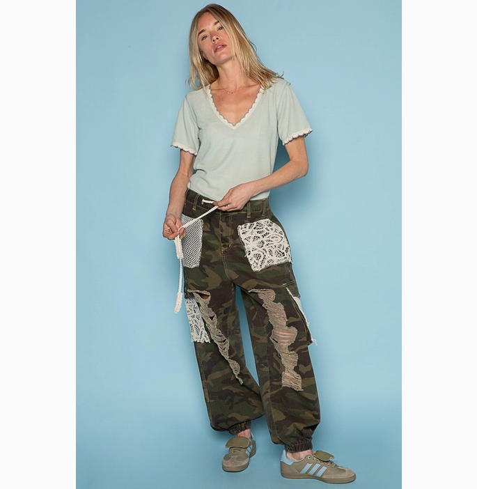 Vintage Wash Crochet Patches Distress Jogger Pants