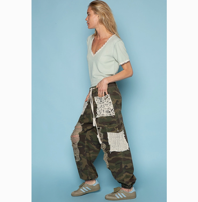Vintage Wash Crochet Patches Distress Jogger Pants