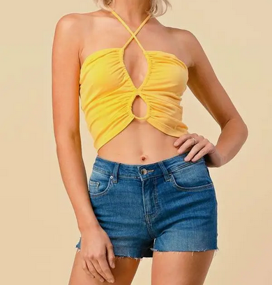 Women's Cotton Lace Up Tie-Back Keyhole Halter Top