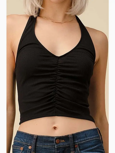 Women's Front Ruching Ribbed Halter Top