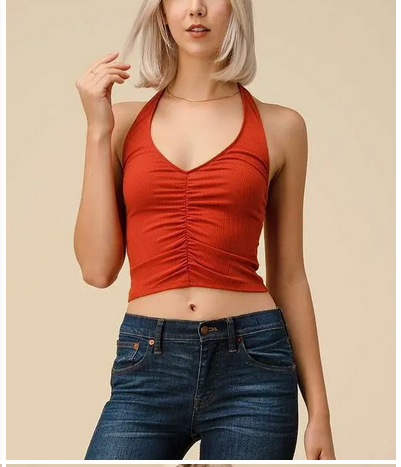 Women's Front Ruching Ribbed Halter Top