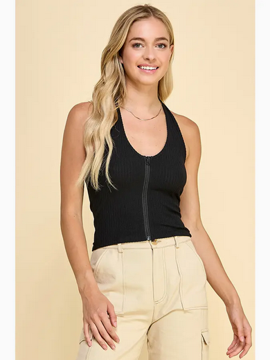 Women's Bubble Rib Zip-Up Halter Top
