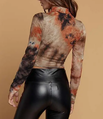 Women's Poly Spandex Tie-Dye Ruched Scrunch Waist Mock Neck Long-Sleeve Top