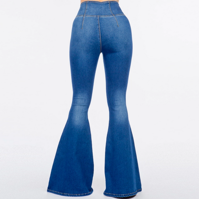 Women's Stretchy High Fold Waist Pull-On Flare Jeans