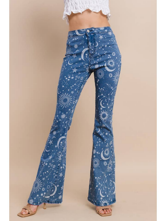 Women's Stars and Sun Printed Flare Jeans