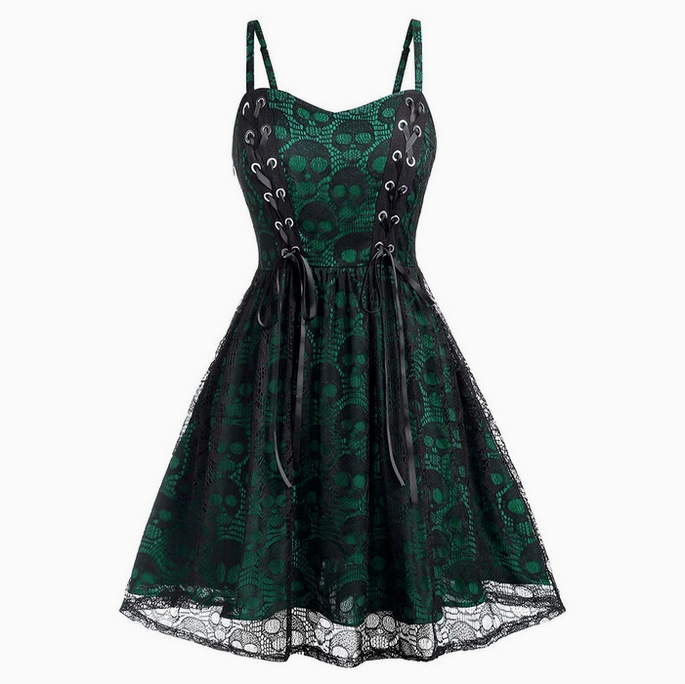 Women Vintage Gothic Lace Skull Print Strap Sling Dress