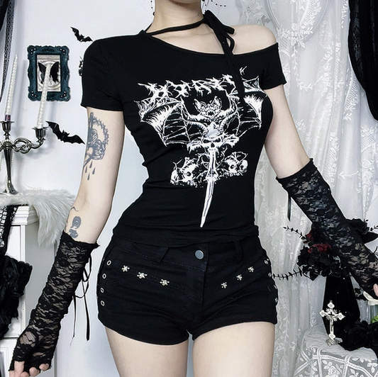 Women's Gothic Slant Shoulder Death Bat T-Shirt