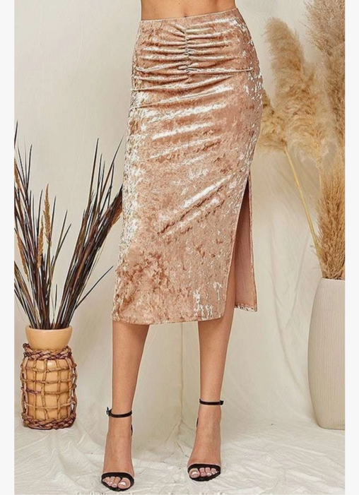 Women's Waist Ruched Velvet Midi Skirt