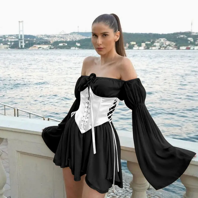 Women's Off Shoulder Chiffon Long Sleeve Dress
