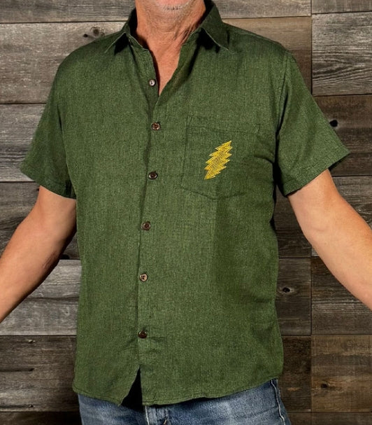 Men's Cotton Solid Mens Short Sleeve Button Up Shirt w/ Large SYF Print& Front Left Pocket Gold Bolt Embroidery