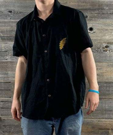 Men's Cotton Solid Mens Short Sleeve Button Up Shirt w/ Large SYF Print& Front Left Pocket Gold Bolt Embroidery