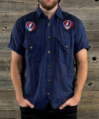 Men's Cotton Stonewash Dharke Stripe Button Up Short Sleeve Shirt w/ SYF Embroidery