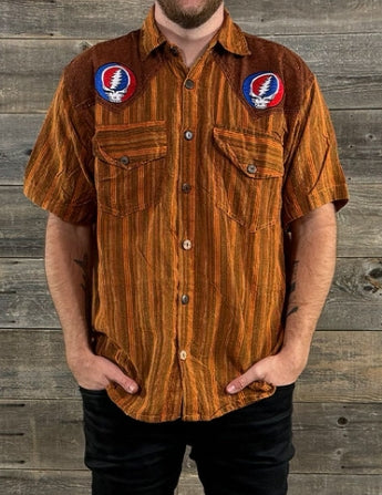 Men's Cotton Stonewash Dharke Stripe Button Up Short Sleeve Shirt w/ SYF Embroidery