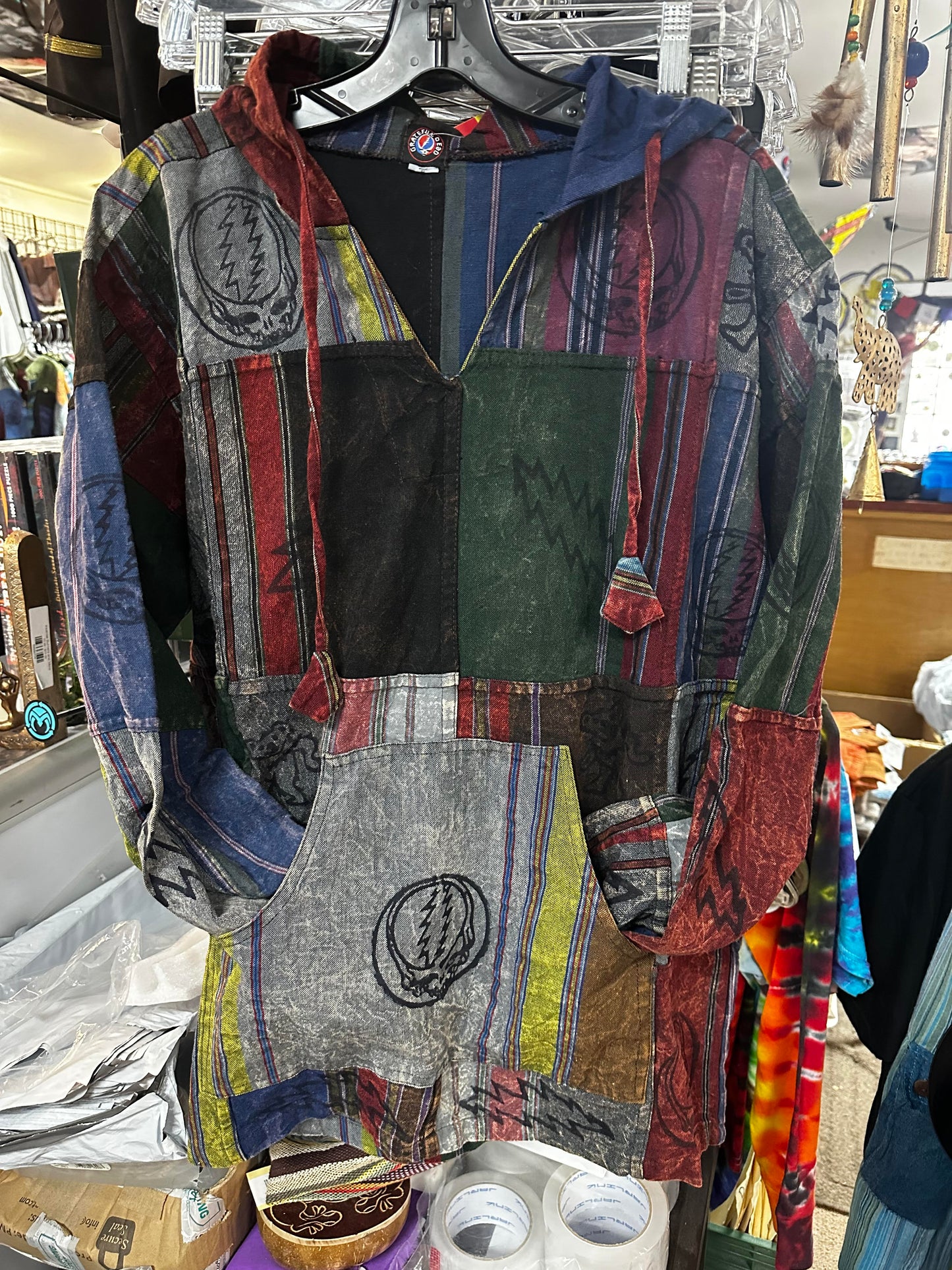Men's Patchwork Tonal Stripe Grateful Dead Print Pull Over Hoodie