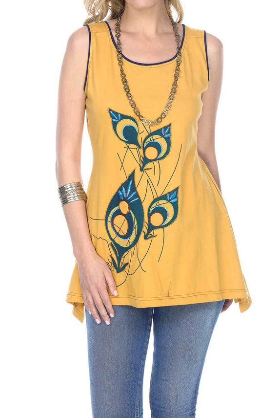 Womens Embroidered Flower Feather Print Tank Top - HalfMoonMusic