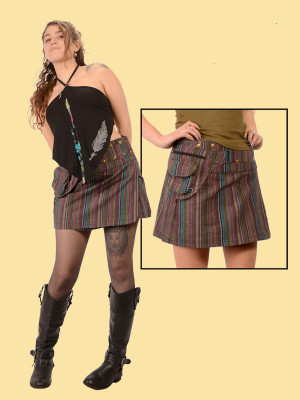 Womens Cotton Striped Mini Wrap Skirt W/ Utility Pocket - HalfMoonMusic