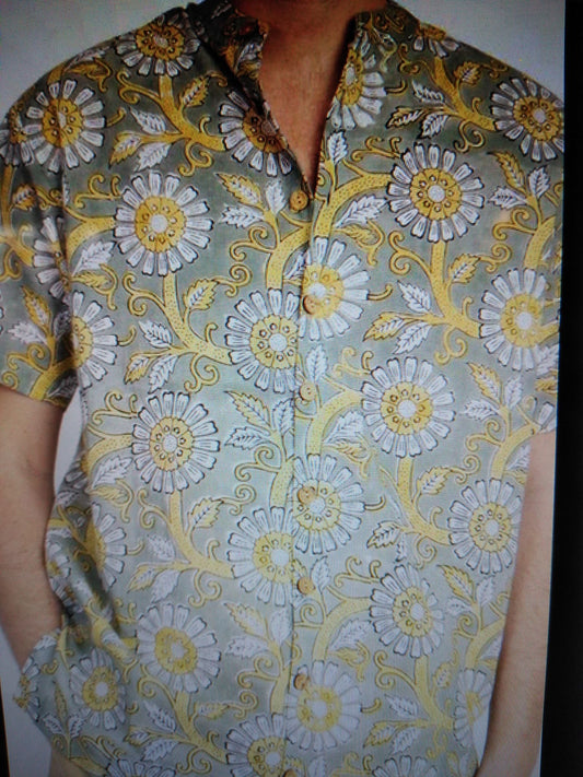 Mens Floral Block Print Madarin Button Up Shirt - HalfMoonMusic