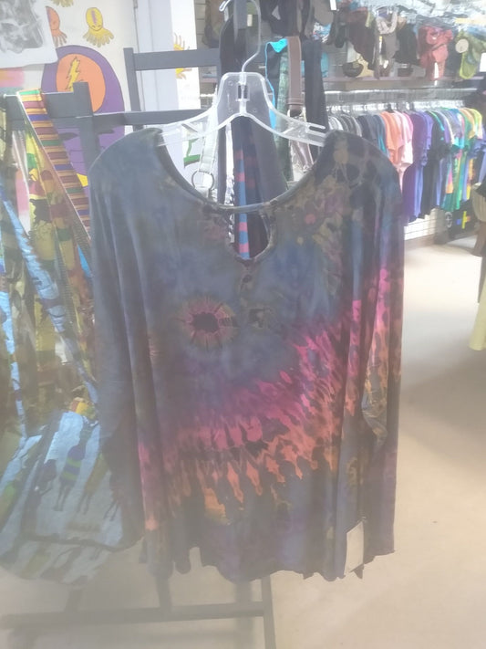 Womens Spandex Tie-Dye Long Sleeve Open Neck Top - HalfMoonMusic