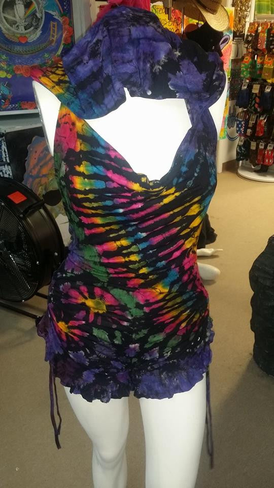 Womens Tie Dye Open Back Hooded Romper - HalfMoonMusic