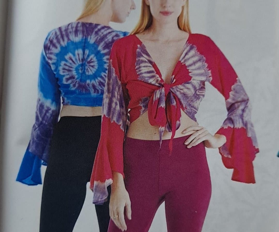 Womens Rayon TIe-Dye Bell Sleeve Front Tie Crop Top - HalfMoonMusic