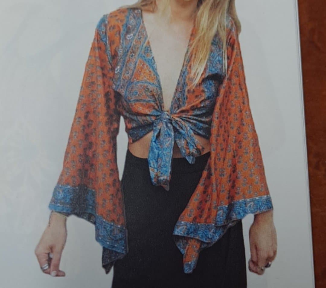 Womens Silk Blend Bell Sleeve Front-Tie Crop Top - HalfMoonMusic
