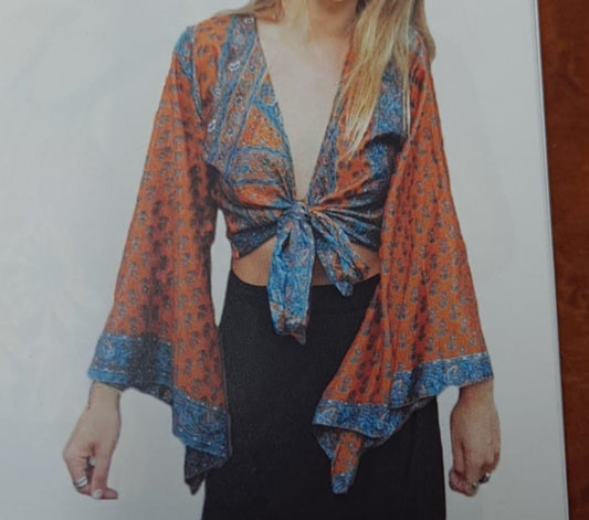 Womens Silk Blend Bell Sleeve Front-Tie Crop Top - HalfMoonMusic