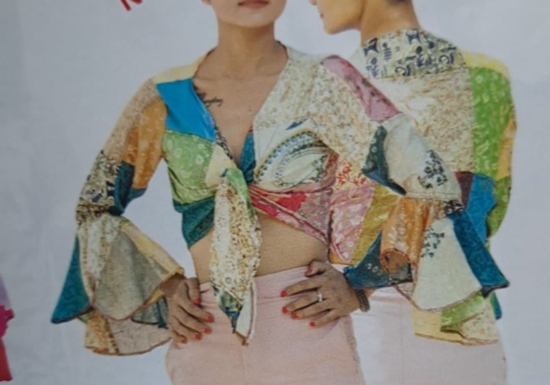 Womens Rayon Silk Patchwork Bell Sleeve Crop Top - HalfMoonMusic