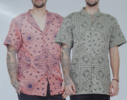 Mens Button Down Bandana Print Camp Shirt - HalfMoonMusic