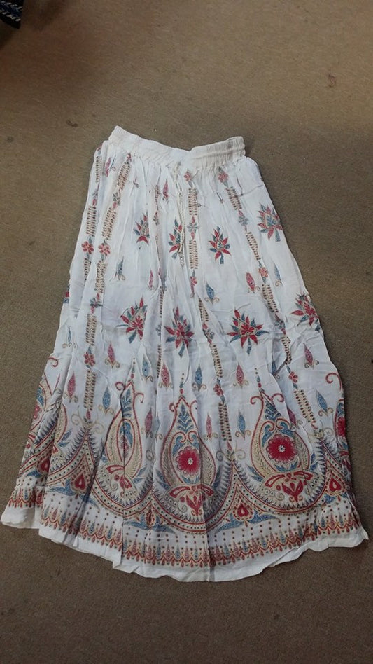 Womens Long White Printed Rayon Skirt - HalfMoonMusic
