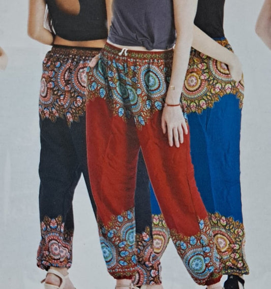 Womens Rayon Plumage Print Cuff Ankle Harem Pants - HalfMoonMusic