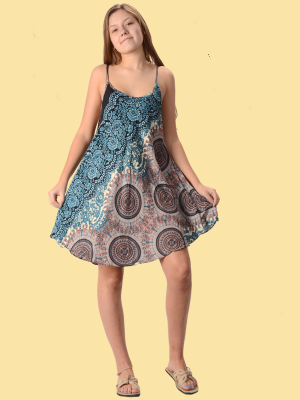 Womens Rayon Kosmic Blues Mandala String Dress - HalfMoonMusic