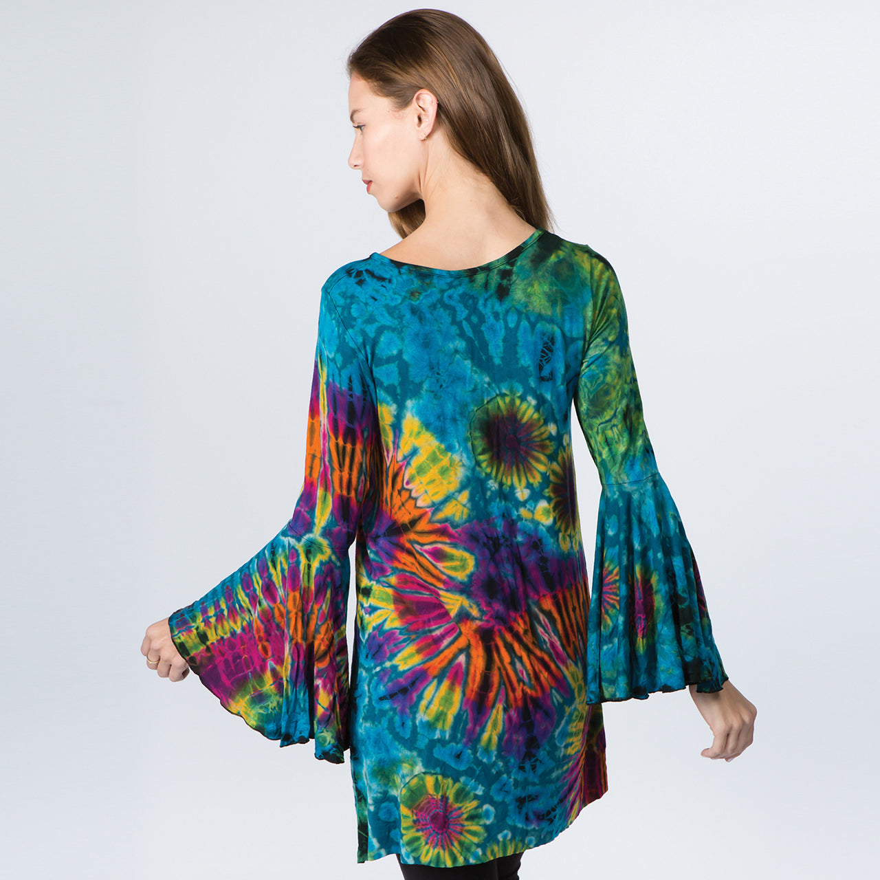 Womens Rayon Spandex Tie-Dye Super Bell Sleeve Mini Dress - HalfMoonMusic