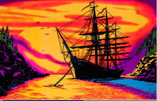 Sunset Bay Ship Blacklight Poster - HalfMoonMusic
