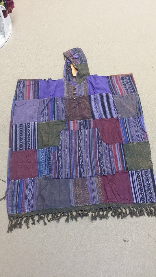 Stonewashed Pullover Patchwork Hooded Poncho W/Fringe - HalfMoonMusic