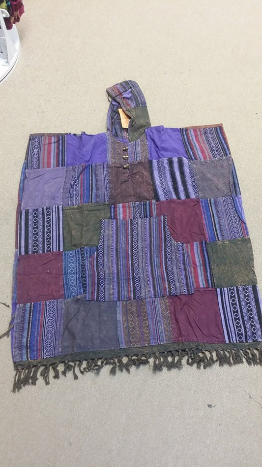 Stonewashed Pullover Patchwork Hooded Poncho W/Fringe - HalfMoonMusic