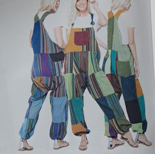 Womens Patchwork Multi-Colored Overalls Jumpsuit - HalfMoonMusic