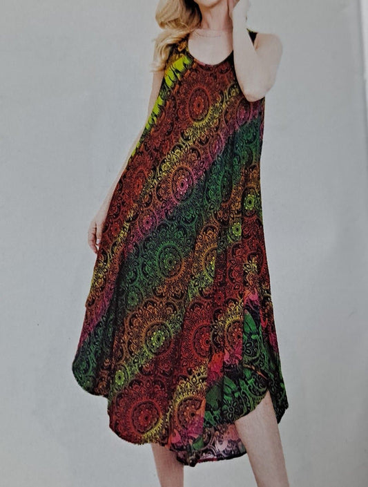 Womens Rayon Indian Print Rainbow Sleeveless Dress - HalfMoonMusic