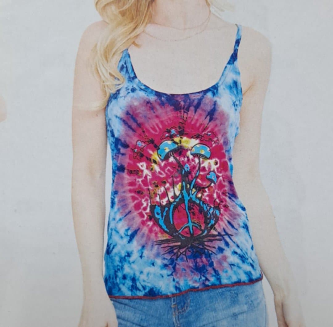 Womens Viscose Tie-Dye Mushroom Peace Root Tank Top - HalfMoonMusic