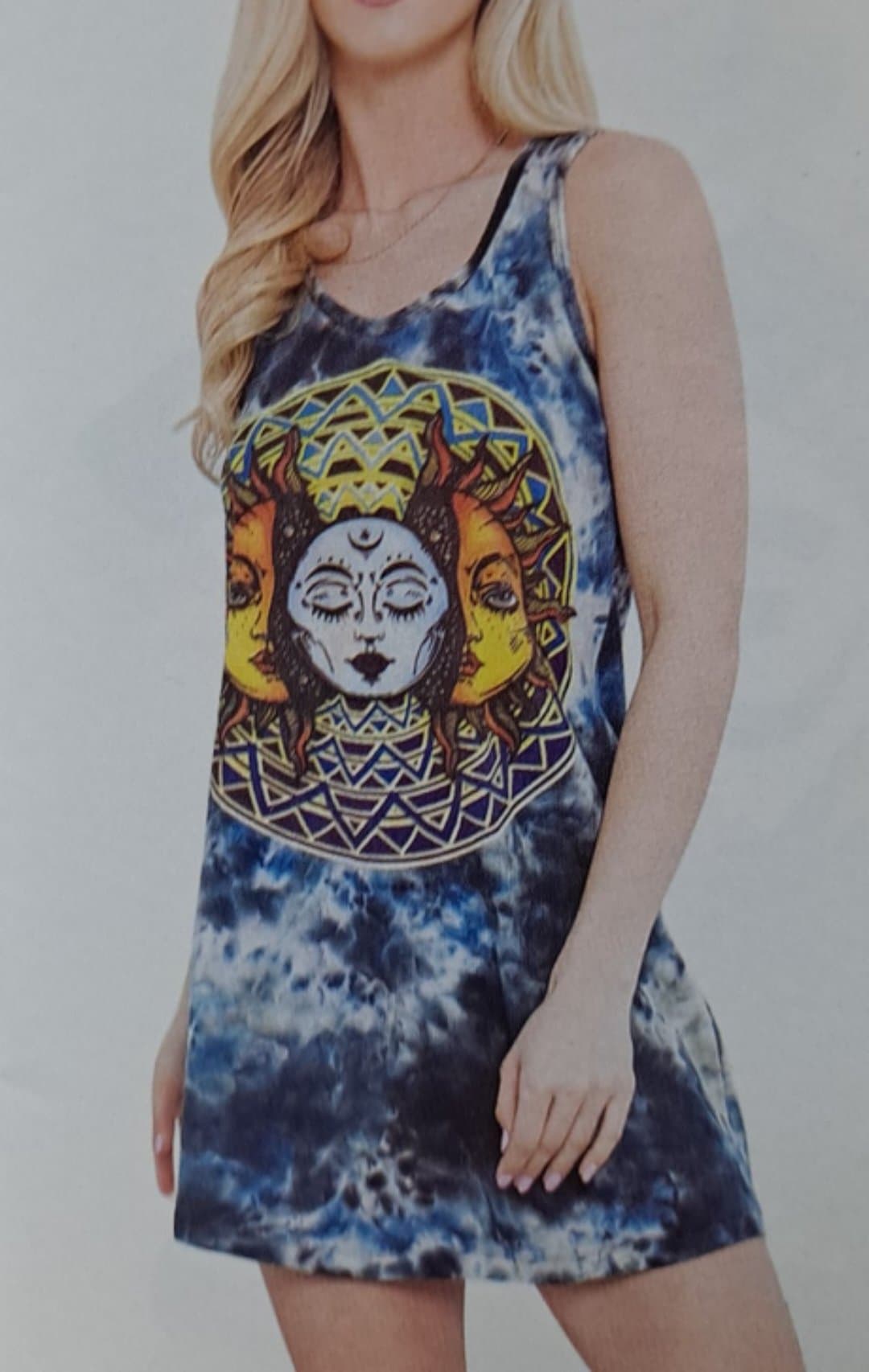 Womens Cotton Tie-Dye Sun Moon Meditation Tank Dress - HalfMoonMusic