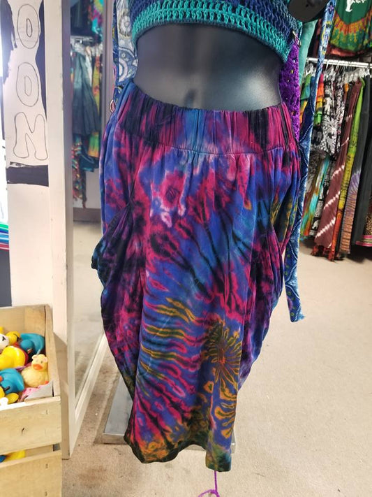 Womens Tie Dye Spandex Mid Skirt with Pockets - HalfMoonMusic
