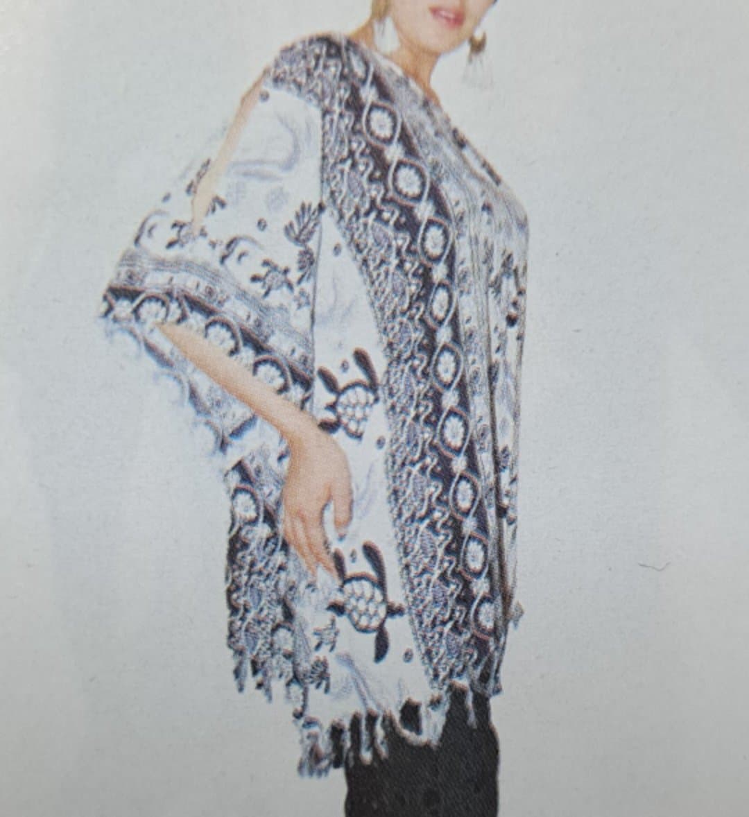 Womens Rayon Turtle Print Fringe Poncho Top - HalfMoonMusic