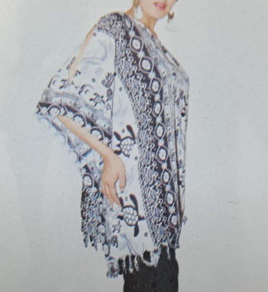 Womens Rayon Turtle Print Fringe Poncho Top - HalfMoonMusic