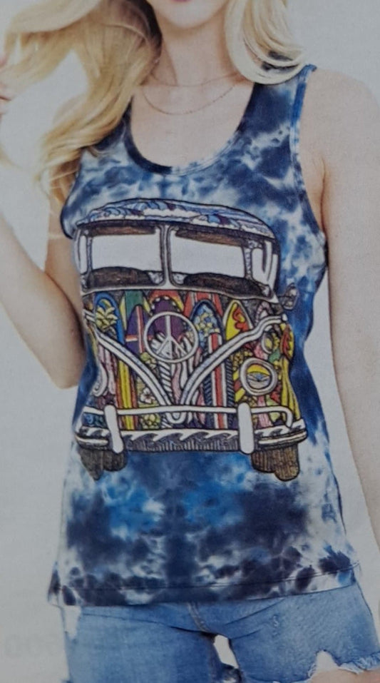 Womens Cotton Tie-Dye Hippie VW Bus Tank Top - HalfMoonMusic