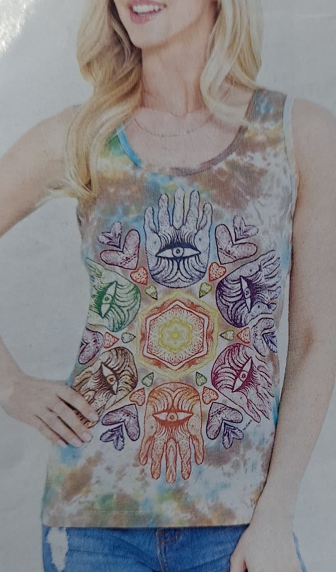 Womens Cotton Tie-Dye Hamsa Hands Mandala Tank Top - HalfMoonMusic