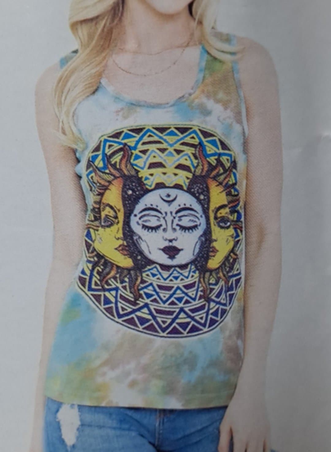 Womens Cotton Tie-Dye Split Sun Moon Tank Top - HalfMoonMusic