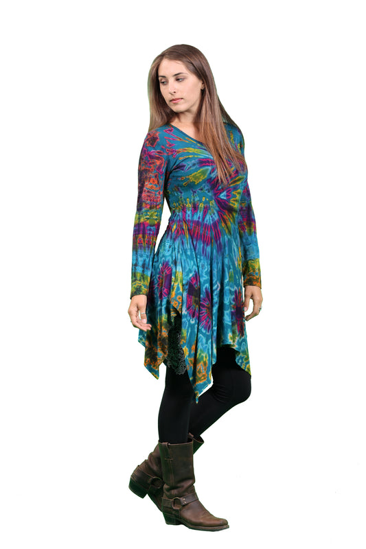 Womens Rayon Spandex Tie-Dye Long Sleeve Angel Cut Mini Dress - HalfMoonMusic