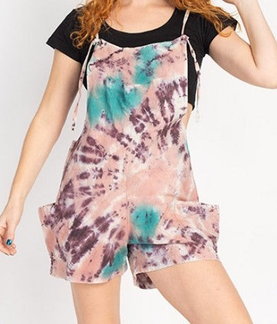 Womens Tie Up Tie-Dye Overall Shorts - HalfMoonMusic